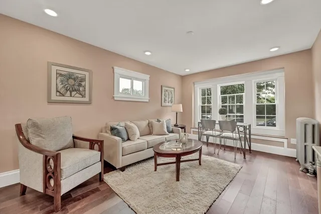 a living room with furniture and a potted plant on table