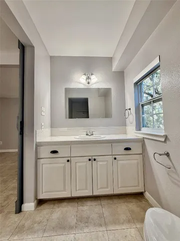 a bathroom with a sink a toilet and mirror