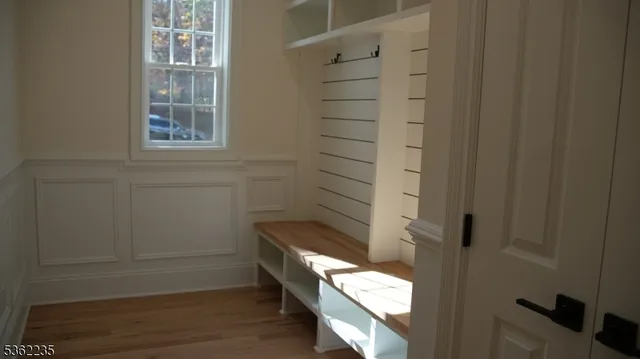 a bathroom with a small window