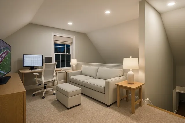 a living room with furniture a lamp and a window