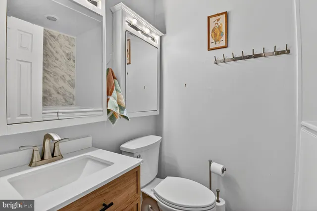 a bathroom with a sink mirror vanity and toilet