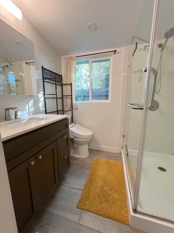 a bathroom with a sink a toilet a mirror and shower