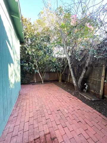 a view of a backyard with large trees