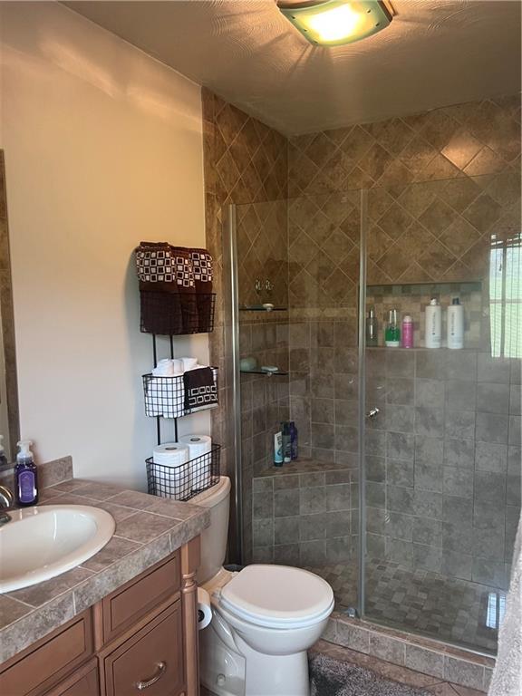 226 Hogback Road Kersey, PA 15846 - Photo 14 of 45 a bathroom with a granite countertop sink toilet a mirror and shower