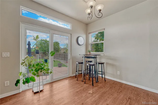 a view of a dining room with furniture window and wooden floor