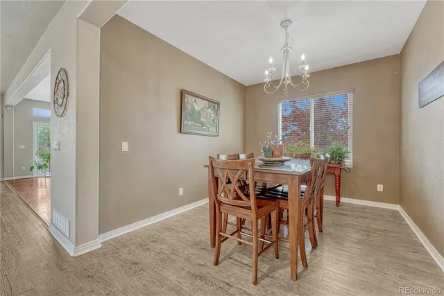 a view of a dining room with furniture and window