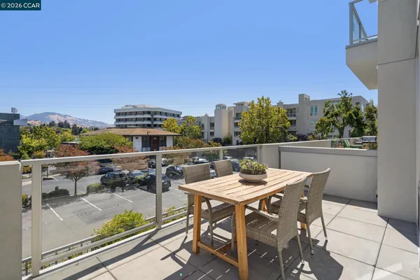 a view of a terrace with furniture and a potted plant