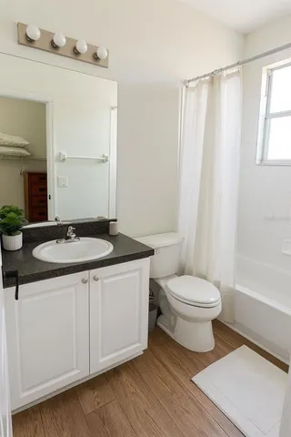 a bathroom with a sink a toilet and shower
