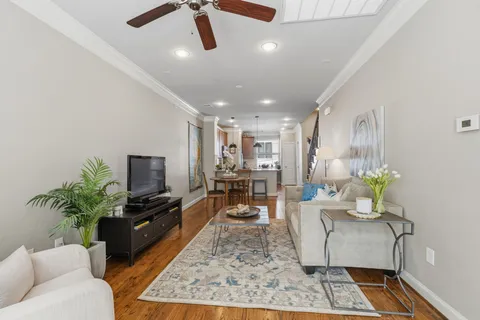 a living room with furniture potted plant and a flat screen tv