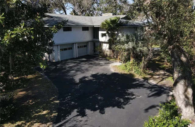 a view of a park with large trees