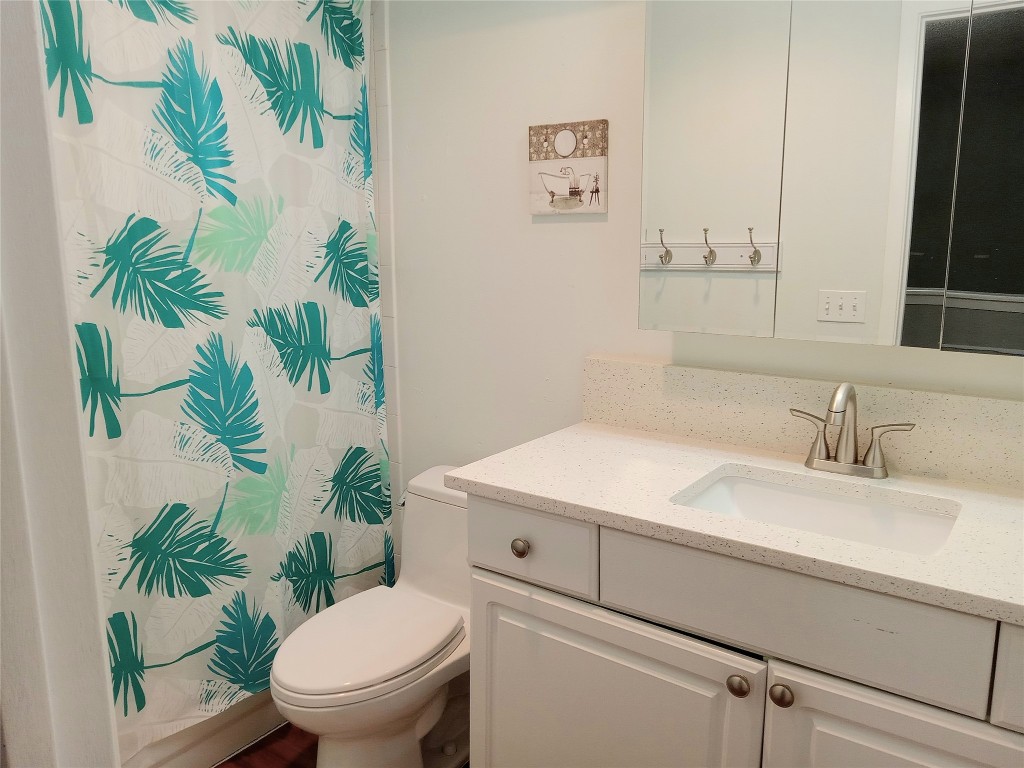 910 East Meadowmere Lane Austin, TX 78758 - Photo 23 of 27 a bathroom with a sink a toilet and a mirror