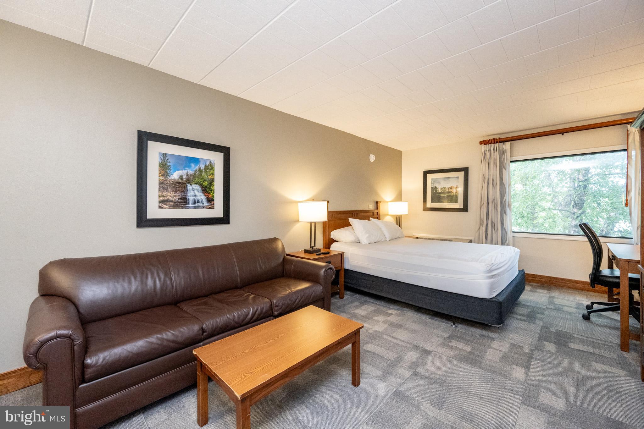 a bedroom with a bed couch and a window