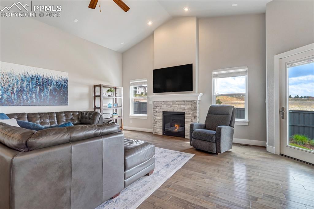 11590 Spectacular Bid Circle Colorado Springs, CO 80921 - Photo 6 of 49 a living room with fireplace furniture and a flat screen tv