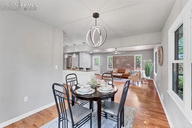 a view of a dining room with furniture window and wooden floor