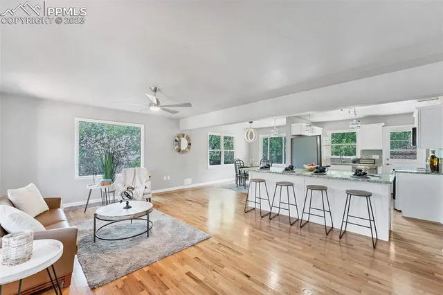 a view of a dining room with furniture window and outside view