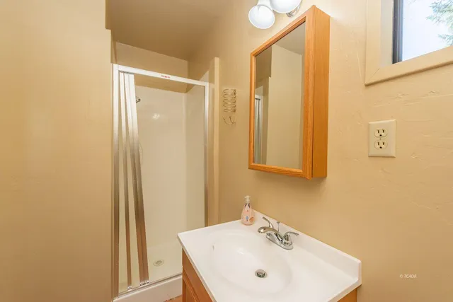 a bathroom with a sink a mirror and a shower