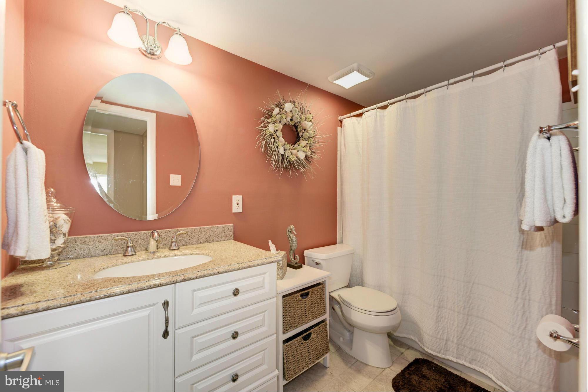 5001 7th Road South, Unit 302 Arlington, VA 22204 - Photo 12 of 30 a bathroom with a granite countertop sink toilet a large mirror and shower curtain