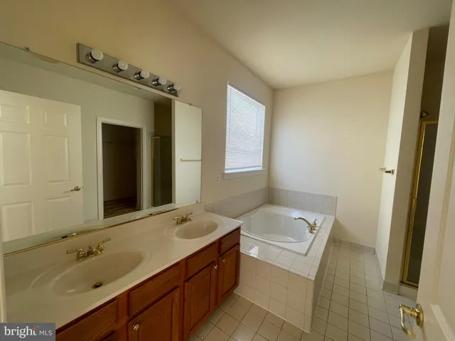 a bathroom with a tub sink and mirror