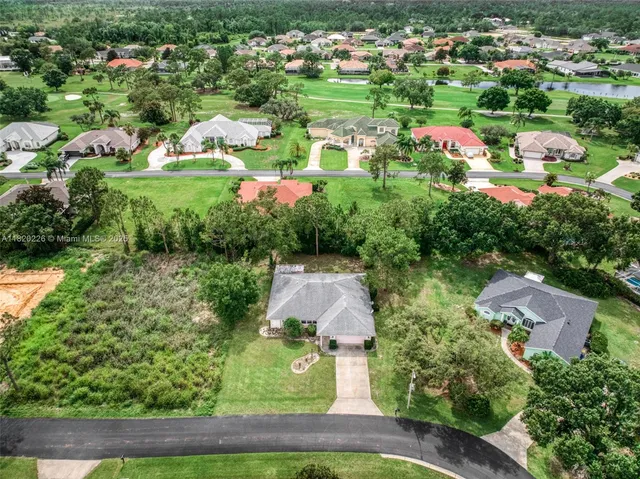 an aerial view of residential houses with outdoor space and trees