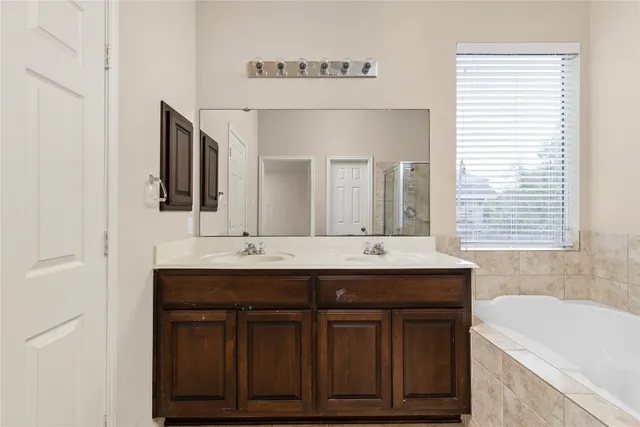 a bathroom with a double vanity sink and a bathtub