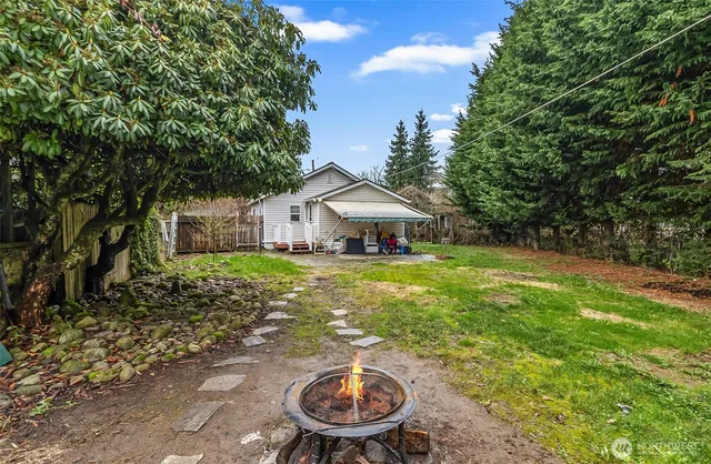 a backyard of a house with table and chairs