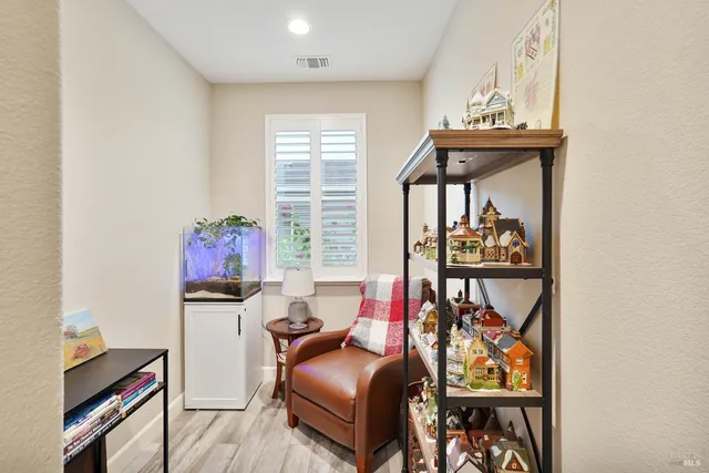 a living room with furniture and a closet