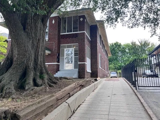 a view of a house with a small yard plants and large tree