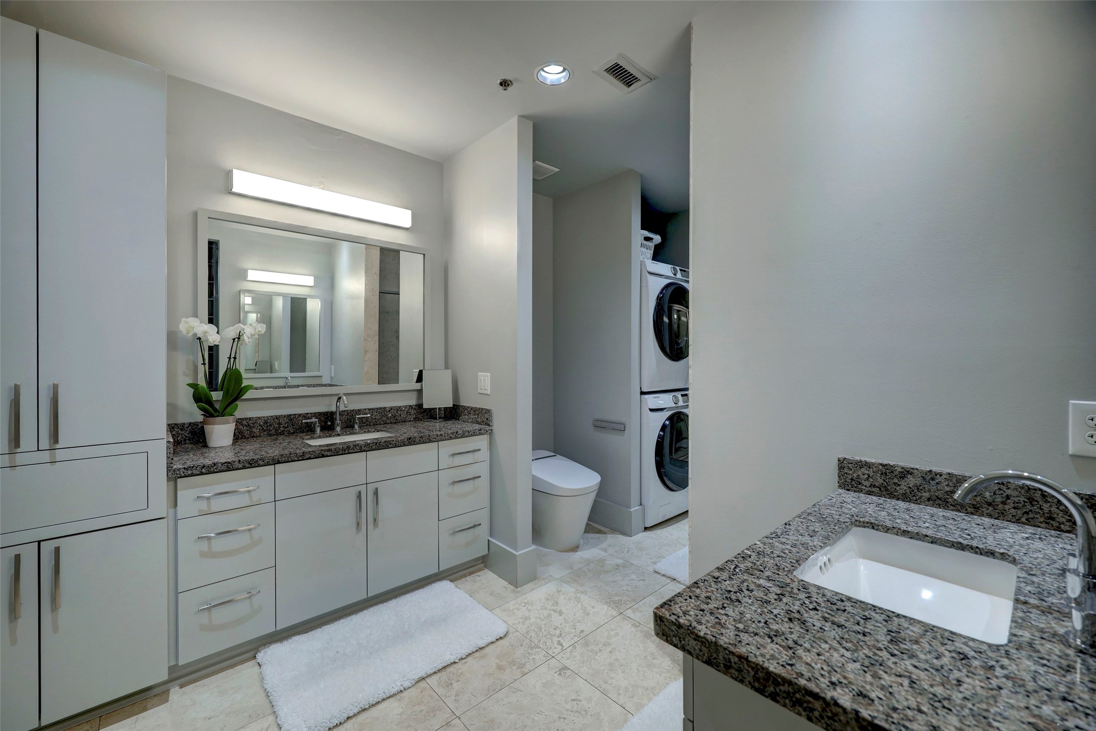 505 Bastrop Street, Unit 305 Houston, TX 77003 - Photo 8 of 15 a bathroom with a granite countertop sink and a mirror