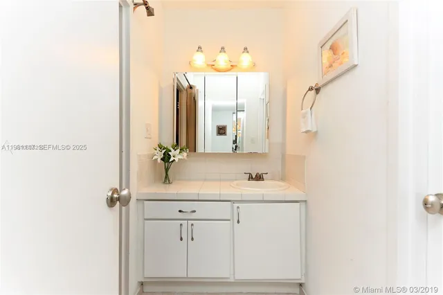 a bathroom with a sink a mirror and a vanity