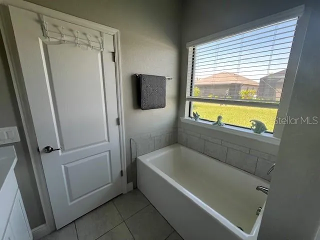 a bathroom with a tub and a window