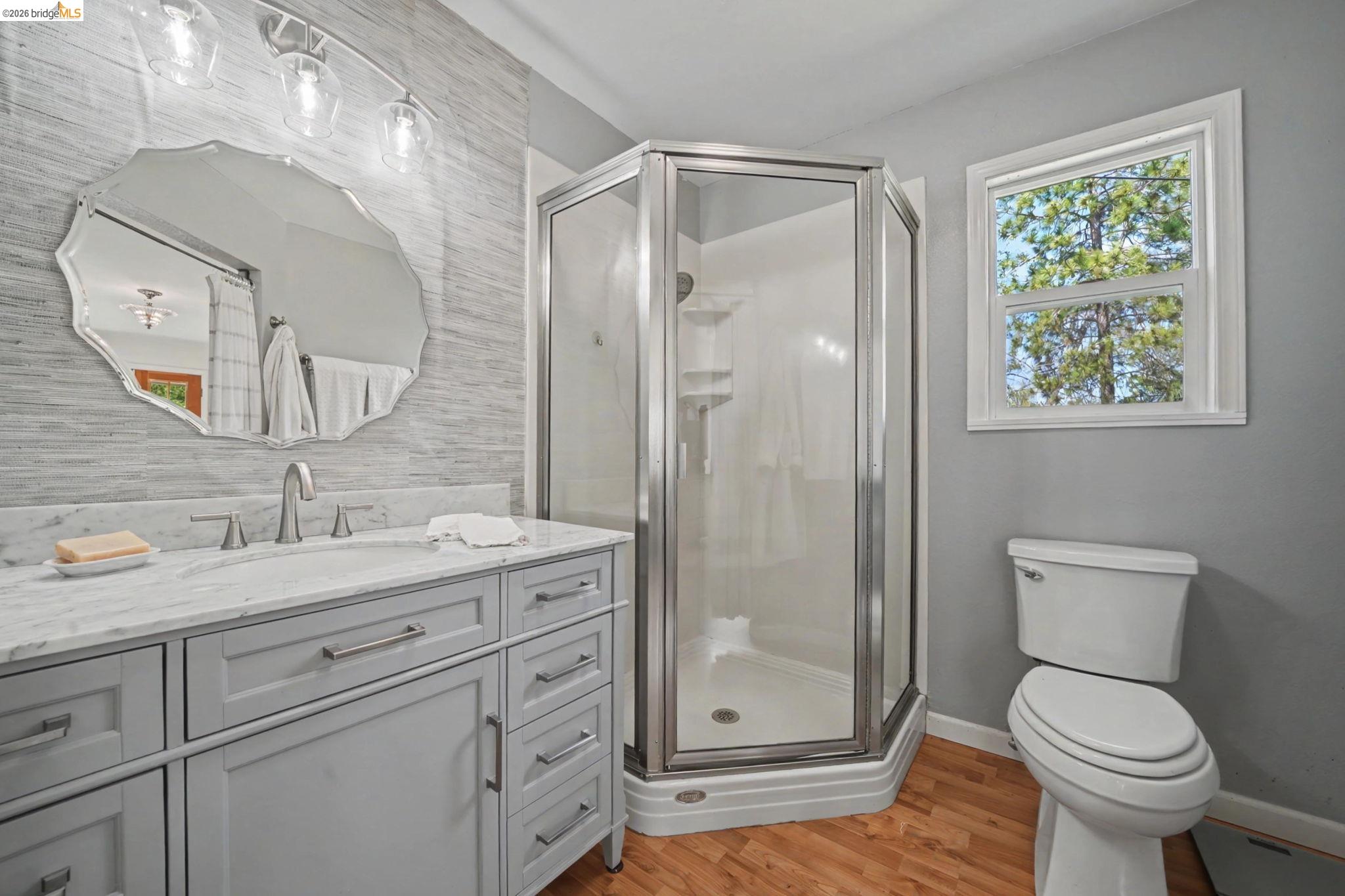 7035 Old Gulch Road San Andreas, CA 95249 - Photo 30 of 45 Full bathroom featuring vanity, a shower stall, and light wood-type flooring