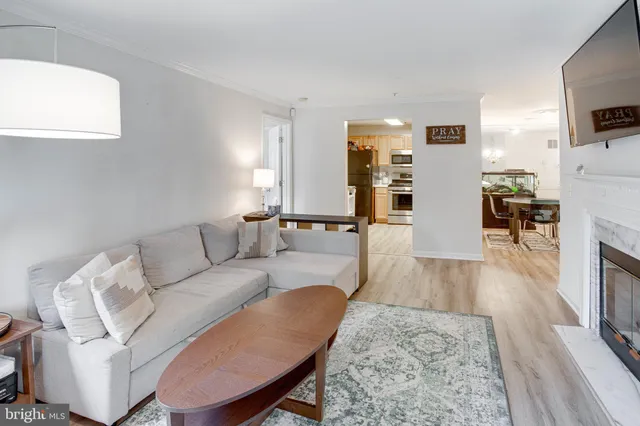 a living room with furniture a flat screen tv and a fireplace