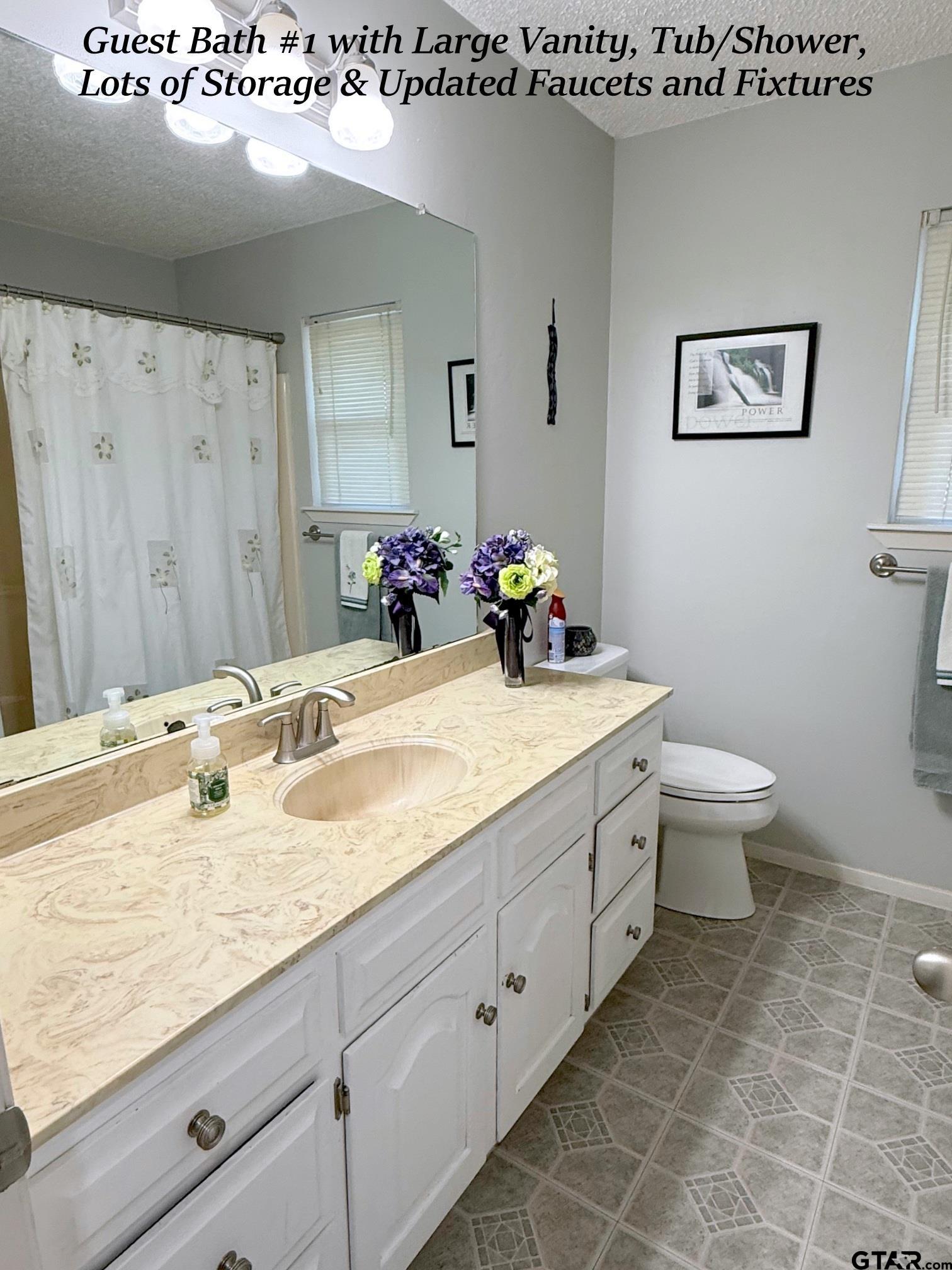 237 Oregon Street Van, TX 75790 - Photo 43 of 44 a bathroom with a granite countertop sink a toilet and a mirror