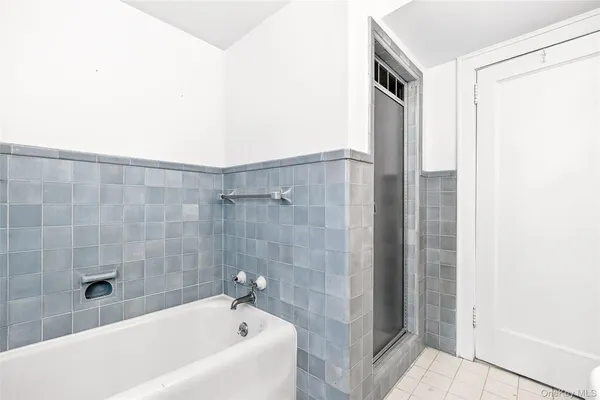 a bathroom with a bathtub and shower