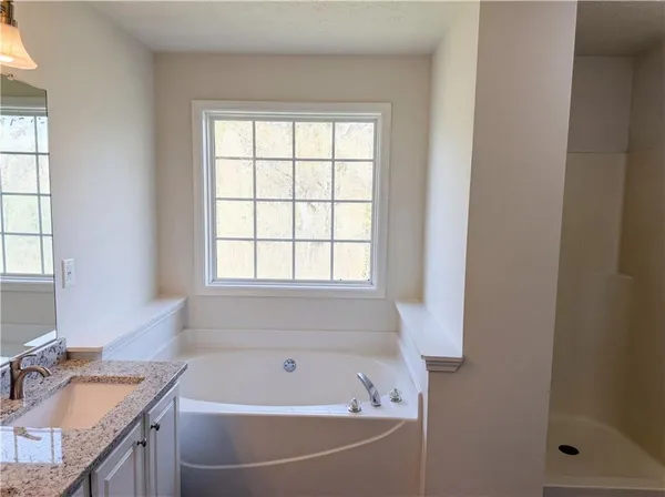 a bathroom with a tub sink and window