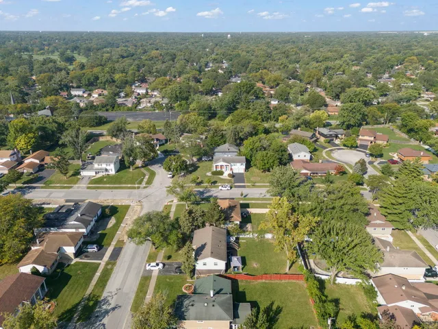an aerial view of residential houses with outdoor space and trees