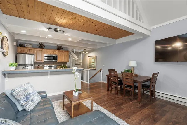 a view of a dining room with furniture