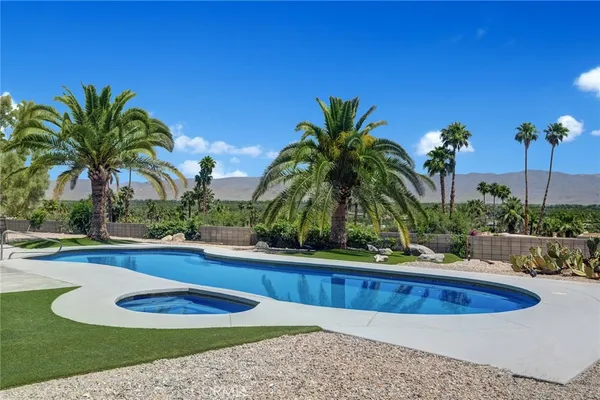 a view of a swimming pool with a yard and palm trees