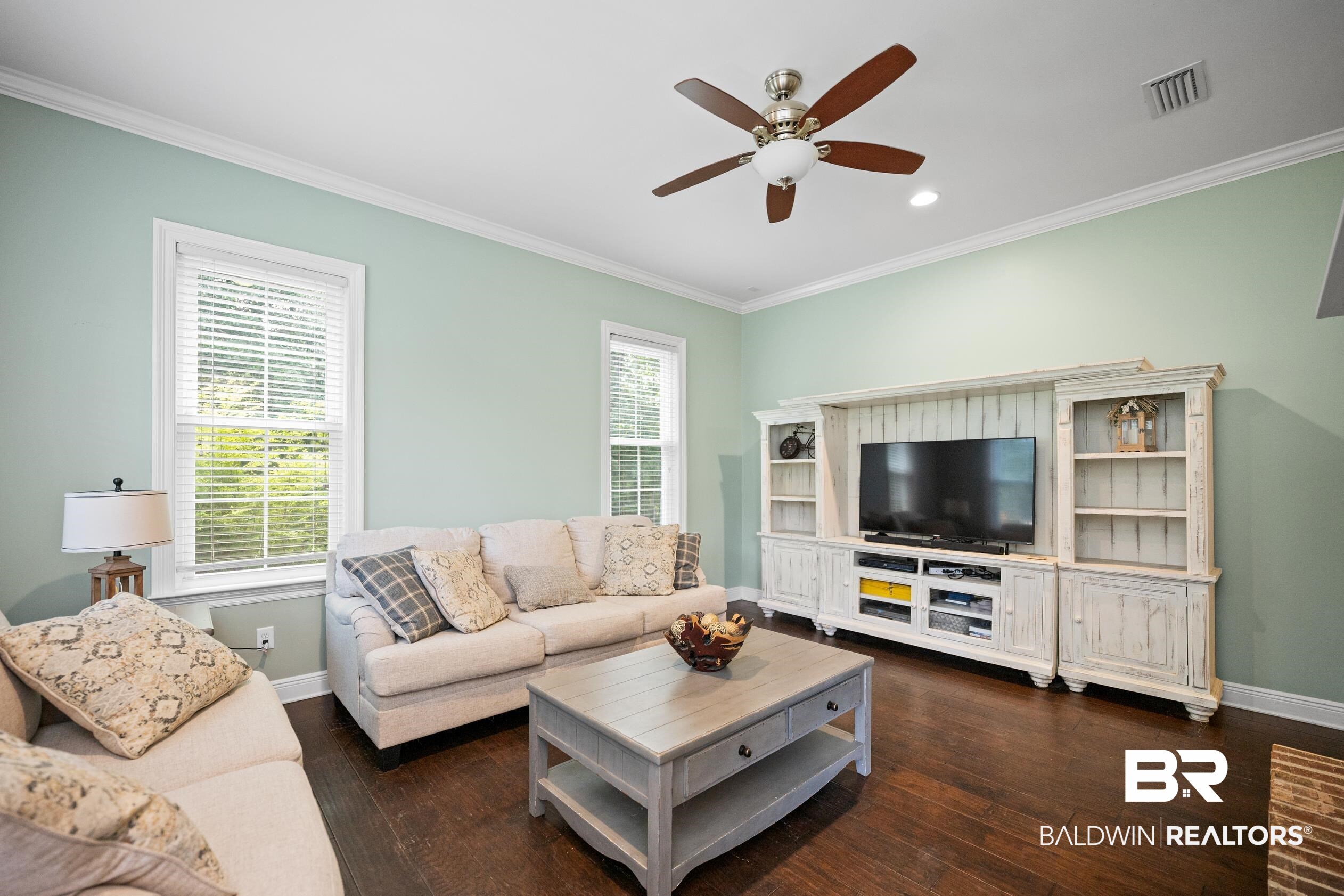 9060 Bromley Road Bay Minette, AL 36507 - Photo 8 of 63 Living room featuring ceiling fan, ornamental molding, wood finished floors, and recessed lighting