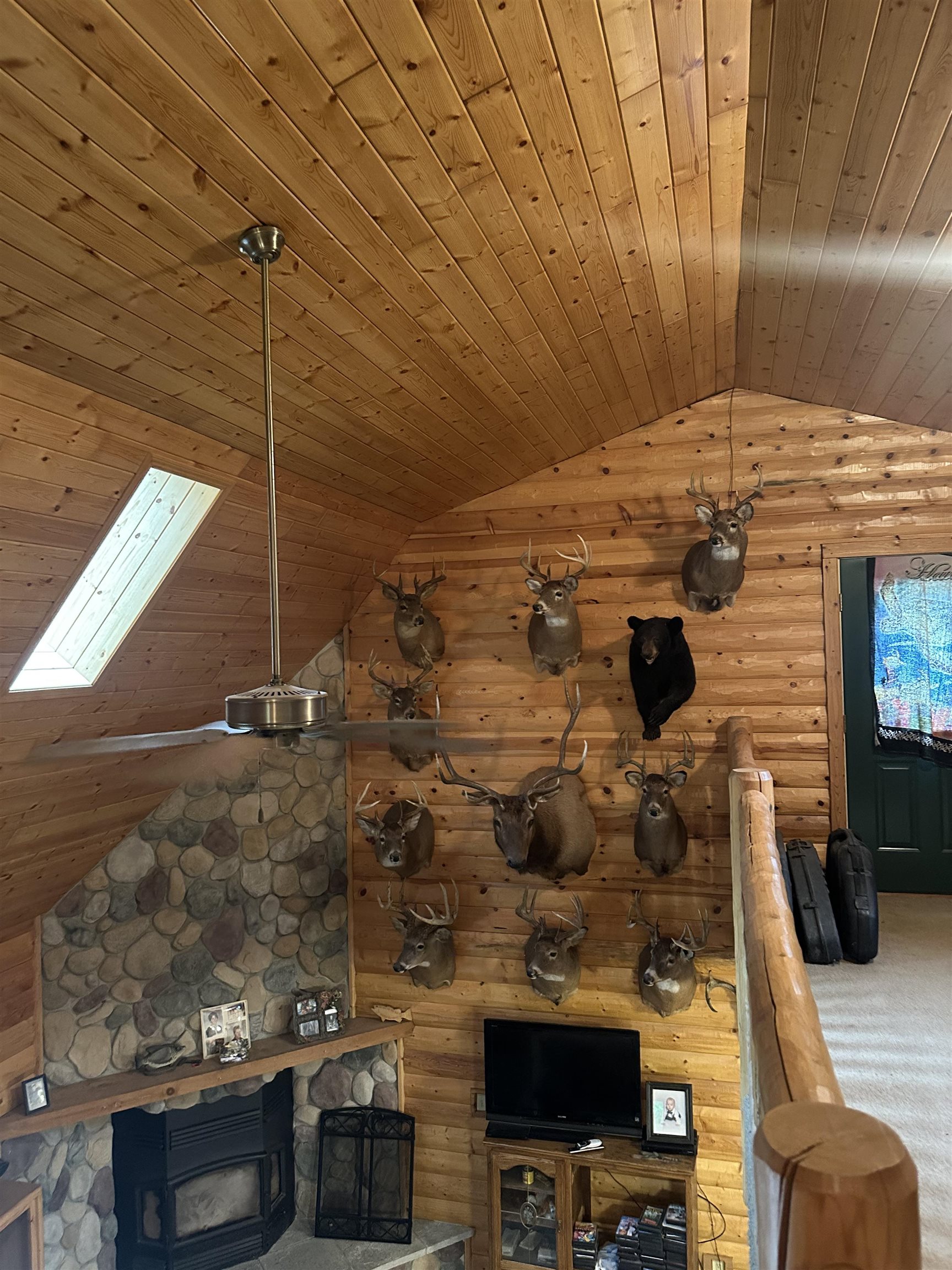 58875 Roy Anderson Road Mason, WI 54856 - Photo 6 of 26 Carpeted living area featuring wood ceiling, vaulted ceiling, a skylight, and log walls