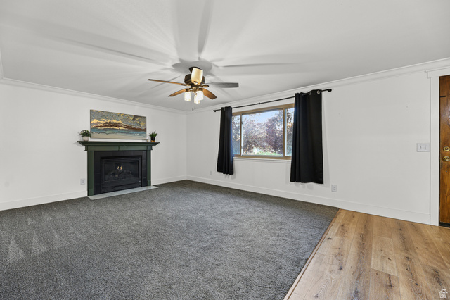 822 Pinewood Circle Price, UT 84501 - Photo 4 of 49 Front entrance living room featuring newer gray carpeting, crown molding, and a ceiling fan