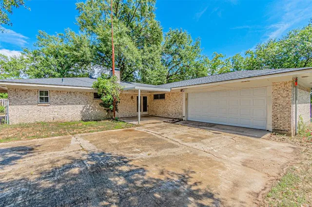 a backyard of a house with plants and large tree