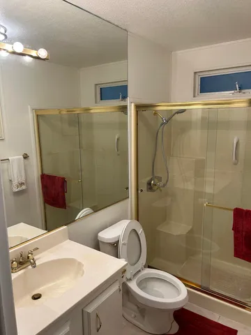 a bathroom with a sink a toilet and shower