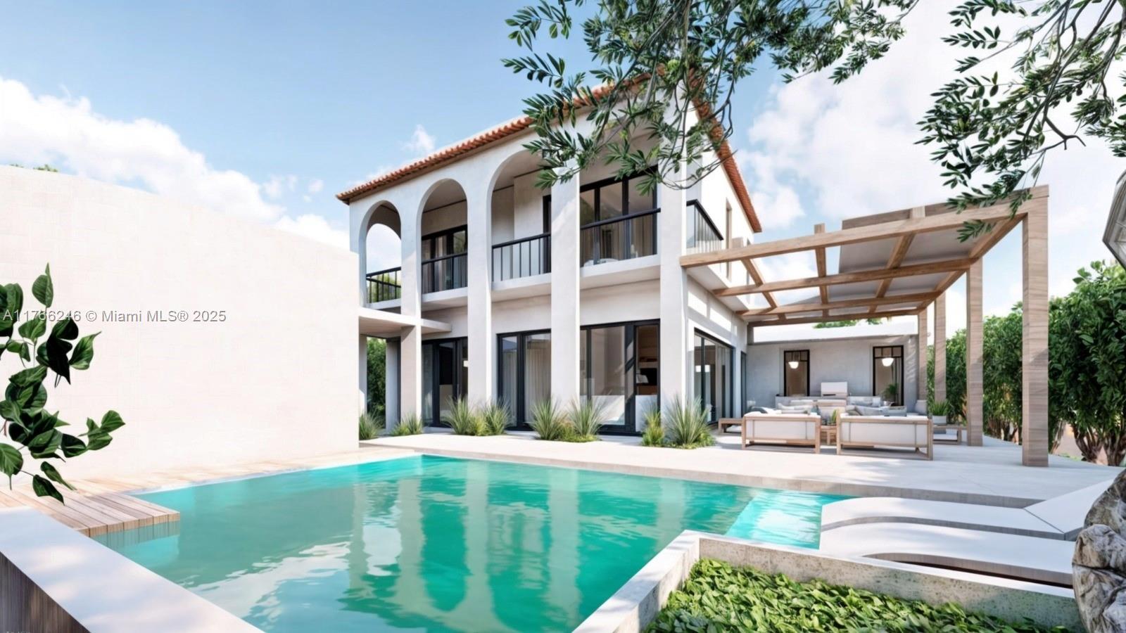 a view of swimming pool with seating area and trees around