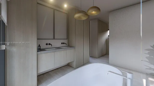 a bathroom with mirror and shower