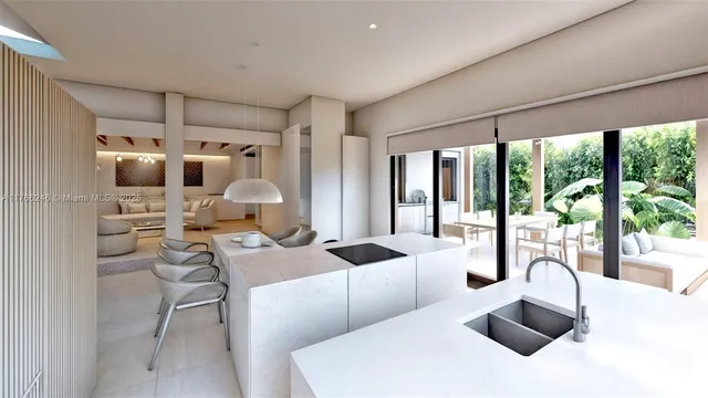 a living room with furniture a large window and a chandelier