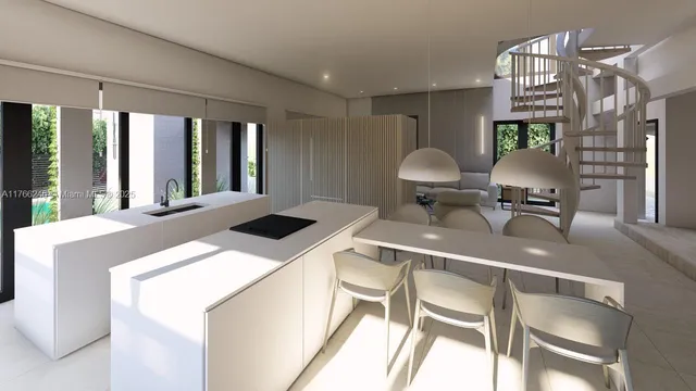 a living room with a table chairs and a dining table