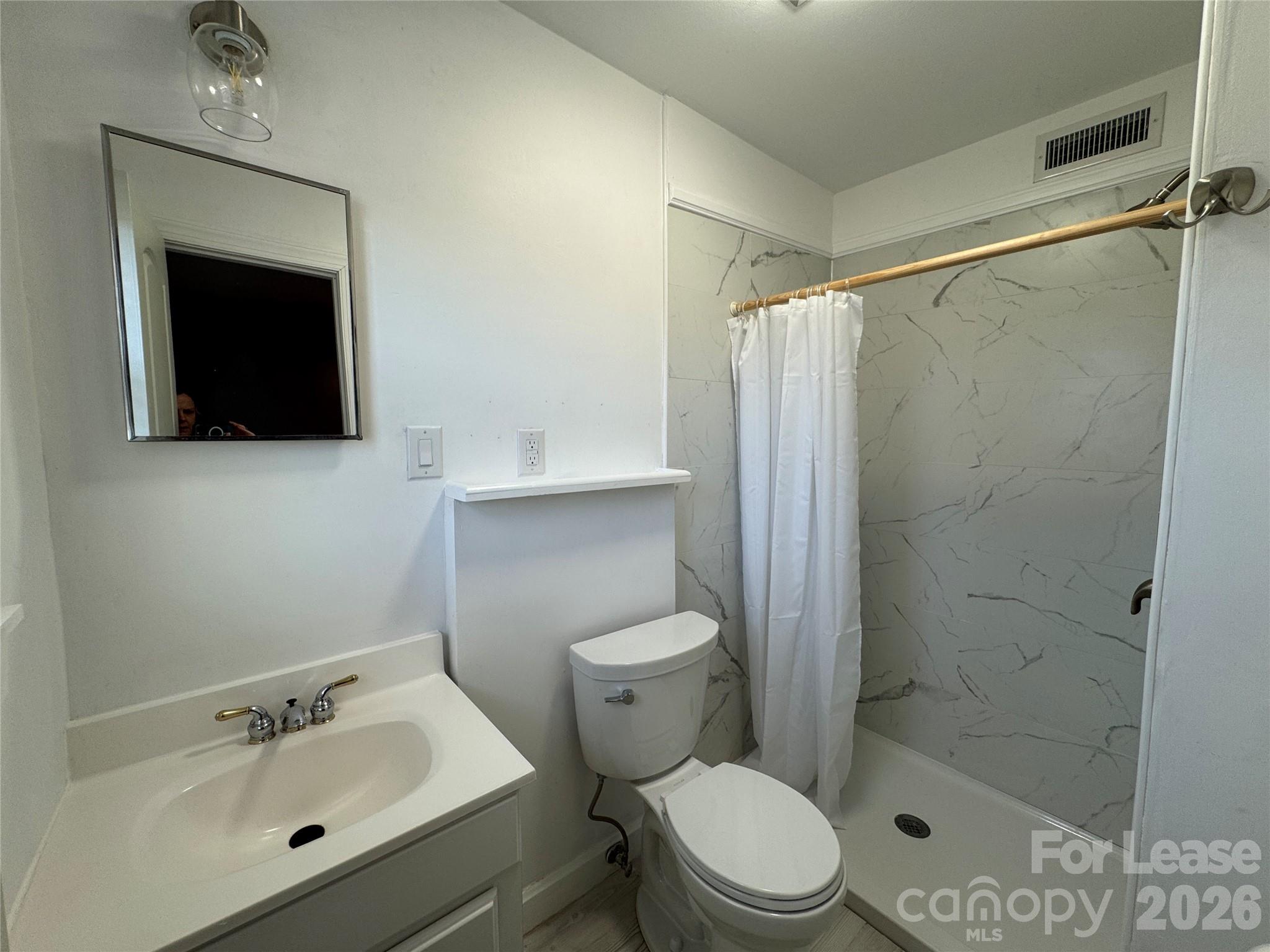 1307 Armstrong Road Belmont, NC 28012 - Photo 9 of 15 a bathroom with a toilet a sink a mirror and shower