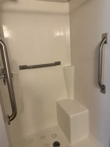 a view of a room with racks on the wall