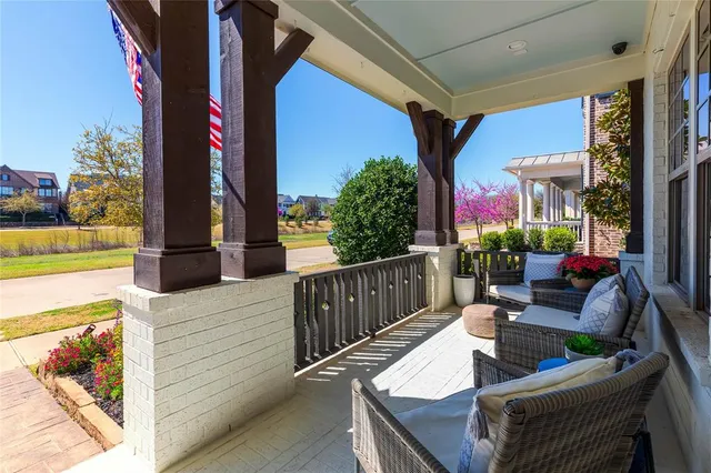 a view of a patio with couches chairs potted plants and a palm tree